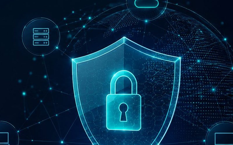 Glowing digital shield and padlock representing layered cybersecurity protection