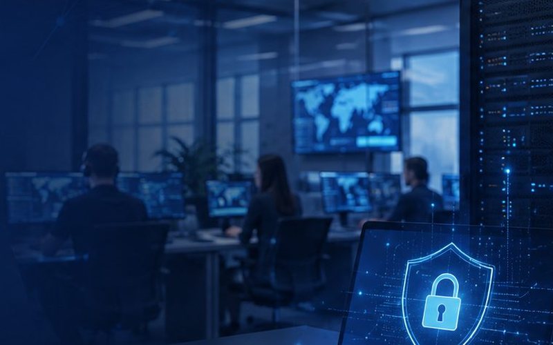 IT support team monitoring client systems on multiple screens in a network operations room