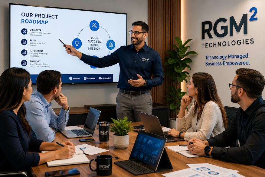 RGM2 Technologies team presenting a project roadmap to clients in a conference room